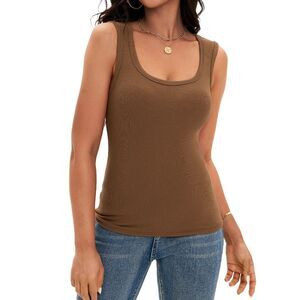 Ribbed Tank Summer Sleeveless Scoop Neck Fitted Basic Tee Shirts Brown